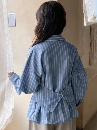DAZY 少女翻领条纹长袖梭织衬衫