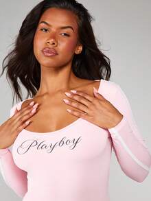 Missguided x Playboy 女士系带露背长袖连体紧身衣，弹力修身款 - 粉色 - 查看 4