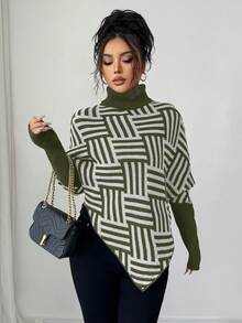 Selianne Women's Elegant High Neck Geometric Textured Poncho Sweater, Colorblock, Suitable For Home & Travel, Spring/Autumn - Army Green - View 4