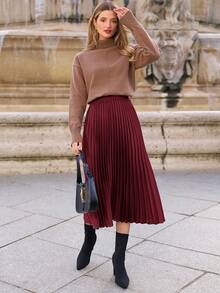 SHEIN Frenchy Jupe plissée élégante de couleur unie style A-line pour femmes, convient pour le trajet domicile-travail - Rouge foncé - Voir 2