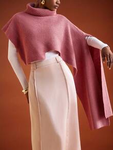 Zivah 冬季新款，圣诞节，新年，婚礼季，情人节，生日派对，毕业季，日常出行，基础款，百搭款，休闲度假，邮轮旅行，休闲优雅，通勤，街头欧式风，简约风，女士假日，高领，不规则袖，长款罩衫，斗篷袖，粉色羊毛套头衫，女士毛衣 - 紅木色 - 查看 11