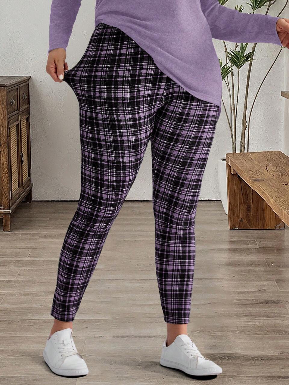 Plus Size Women's Purple 2 Pieces Lounge Sets,Long Sleeve Hi-Low Hem T-Shirt & Plaid Leggings,Autumn Smart Casual Everyday Modest Winter Outfit,2025