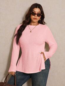 Elaquor Plus Size Casual Side Slit Solid Color Round Neck Regular Shoulder Long Sleeve T-Shirt Pink - Pink - View 3