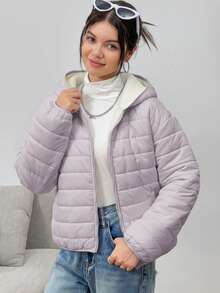 SHEIN 少女基础款灰色面料保暖绗缝短款连帽外套，冬季