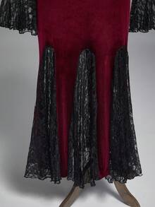 ROMWE Goth 复古优雅哥特式领口花卉蕾丝喇叭袖鱼尾裙摆连衣裙，大码秋冬宴会正式礼服，圣诞派对大码奢华复古丝绒红色连衣裙 - 彩色 - 查看 5