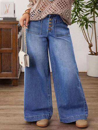 SHEIN CURVE+ Plus Size Casual Tvättade Högmidjade Vida Benjeans