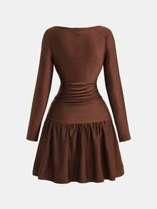 Girlism 少女棕色褶皱肩部长袖A字连衣裙，领口蝴蝶结腰带，时尚日常连衣裙，适合秋冬季穿着 - 棕色 - 查看 2