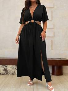 Roveilla Plus Deep V Neck Cut Out Waist Split Thigh Dress Maxi Women Outfit - Black - View 6