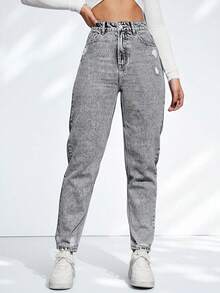 SHEIN ICON 大码女式休闲假日街头破洞宽松灰色牛仔裤 - 淺灰色 - 查看 6