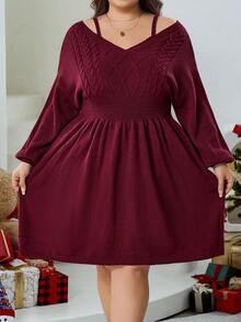 SHEIN CURVE+ Váy len dệt kim hở vai tay đèn lồng màu đỏ rượu vang cỡ lớn dành cho nữ, dáng rộng, thiết kế thường ngày, mùa thu/đông, lễ tạ ơn và giáng sinh - Màu Đỏ Sâu - Xem 3