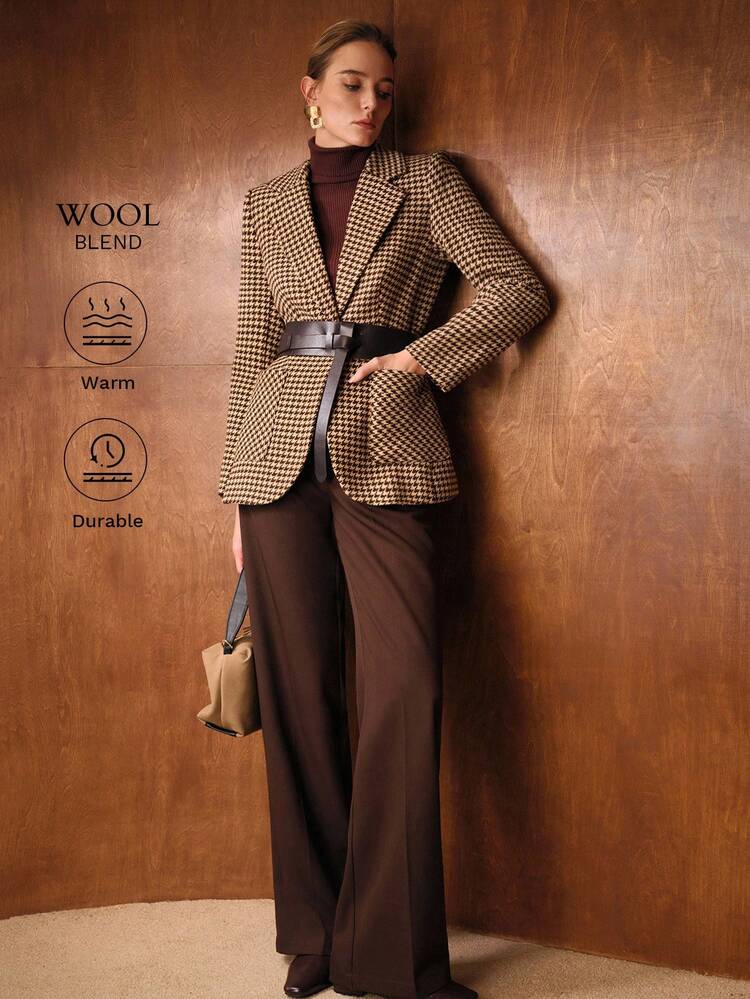 HOUNDSTOOTH PATTERN BELTED BLAZER