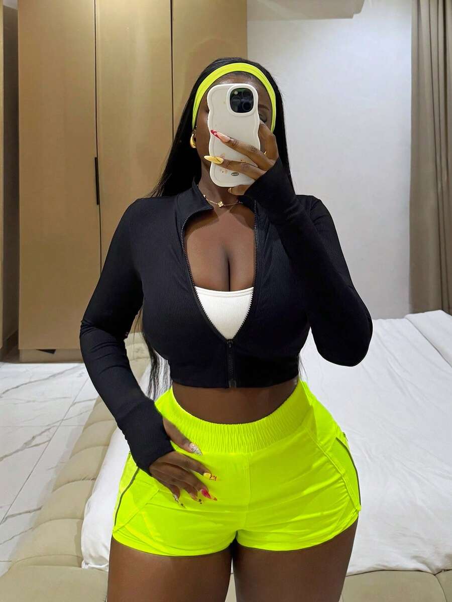 Gameset SHEIN Sport Solid Color Sport Shorts With Pockets And ZipperWomen Sweat Short, Gym Short, Biker Short