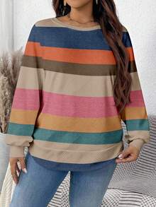 EMERY ROSE Plus Size Women Casual Colorful Striped Print Loose Fit Crew Neck Long Sleeve Sweatshirt, Waffle Texture, Suitable For Autumn/Winter - White - View 3