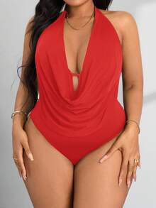 SHEIN PETITE CURVE Bộ đồ liền thân hở lưng phía trước xếp nếp cỡ lớn dành cho nữ - Đỏ - Xem 6