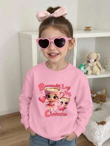 Sudadera de cuello redondo con estampado minimalista de corazón, bailarina y café, versátil y casual para niñas preadolescentes. Cómoda para salidas, actividades al aire vuelta al cole en otoño. - Rosa - Ver 1