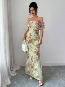 Elenzga Elegant Romantic Ruffle Off Shoulder Fitted Mesh Floral Dress For Women - Mint Green - View 5