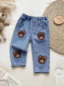 Vintaside Kids Baby Boy Casual Bear Patch Denim Jeans - Medium Wash - View 3