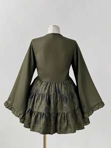 Sunspun 两件套：森林绿刺绣编织上衣搭配编织半裙，初秋 - 軍綠色 - 查看 2