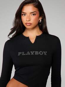 Missguided x Playboy 长袖水钻烫钻V领T恤，饰有兔子图案，适合休闲冬季穿着 - 黑色 - 查看 5