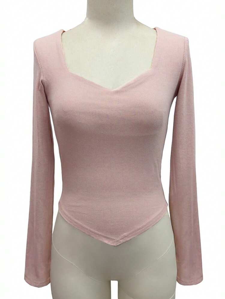 Women's Solid Color Rib-Knit Sweetheart Neck T-Shirt Summer Long Sleeve Women Tops,Fall Women Clothes