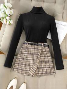 SHEIN Franclia 2件套 女士罗纹针织上衣+系带半身裙裤套装 - 黑色 - 查看 3