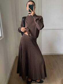 DAZY Women Solid Color Crew Neck Long Sleeve Top And Pleated Skirt Sweater Set - Coffee Brown - View 3