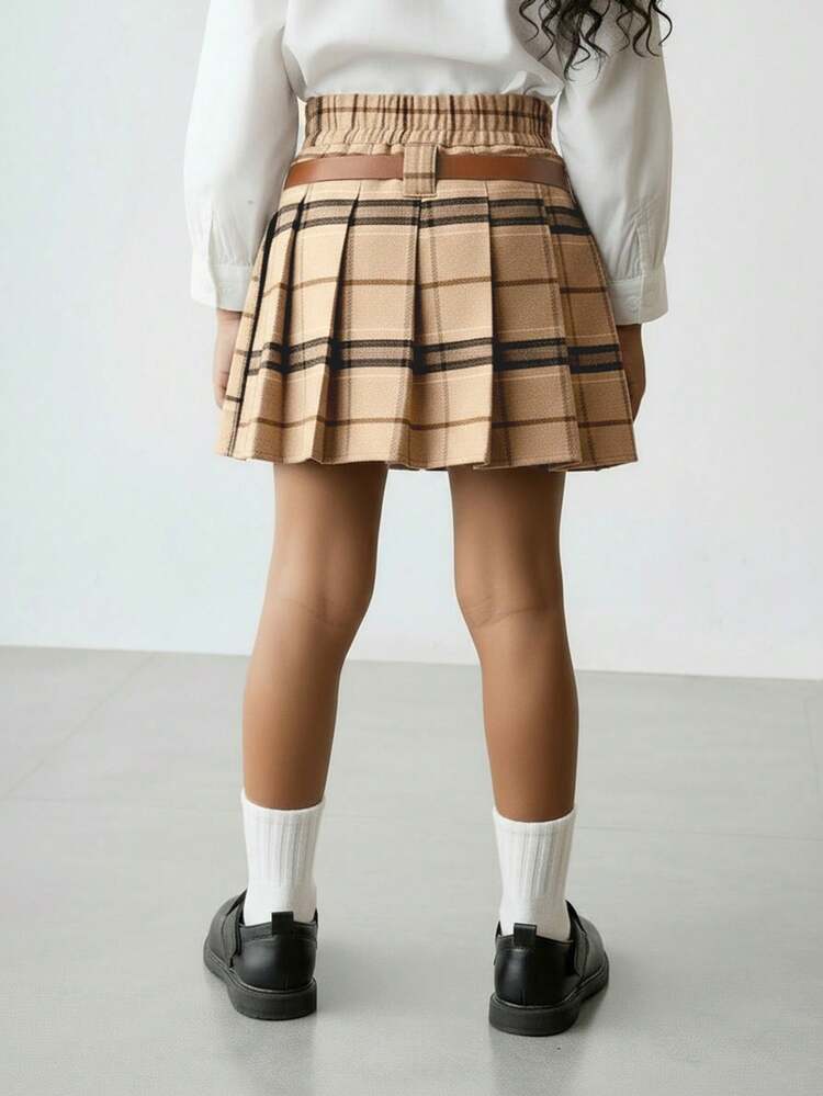 Maija Kids Maija Kids Young Girl Plaid Fabric Pleated Skirt With Belt Thanksgiving Winter Suitable For Daily, Celebration, Autumn & Winter Outfits For Easy Comfort, Autumn & Winter Layers For Girls, Stylish Girls Suitable For Autumn/Winter Daily Wear, Street Style, Home Seasons - Spring, Summer, Autumn, Winter, Great Christmas Gift For Young Girls Vacation Suitable For All Seasons - Spring, Summer, Autumn, Winter - Khaki - View 7