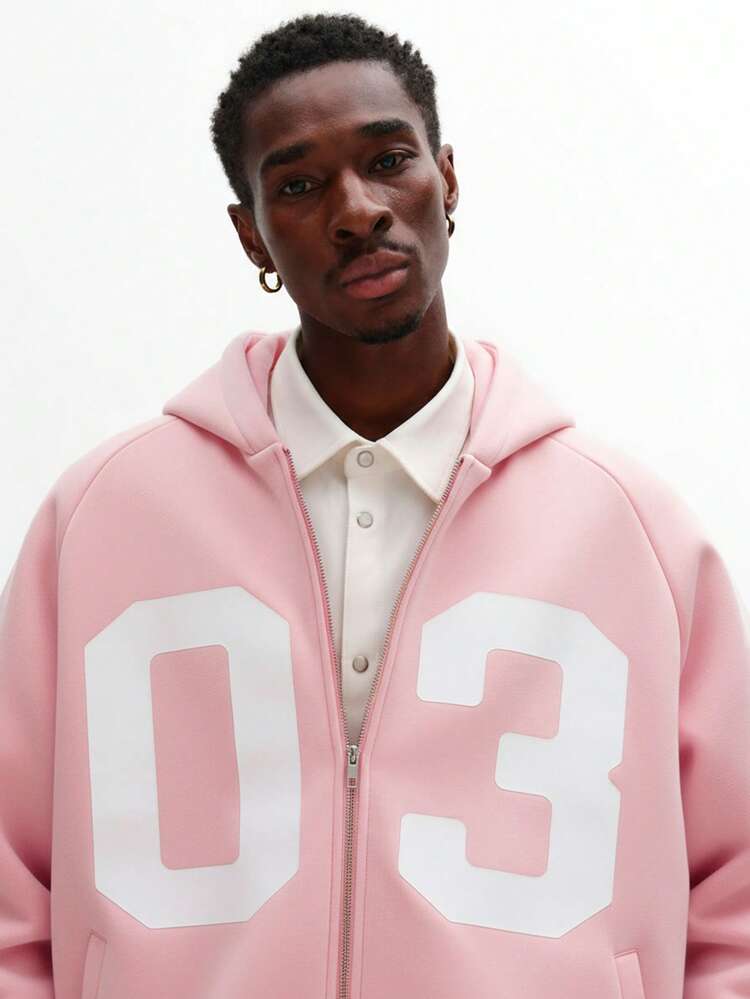 Oversized Zip Up Hoodie With Number Print