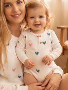 LMoss Kids LMoss Baby Girl Heart Print Button Design Soft Knit Bodysuit, Long Sleeve, Baby Girl Heart Outfit, Baby Girl Long Sleeve Bodysuit, - Multicolor - View 1