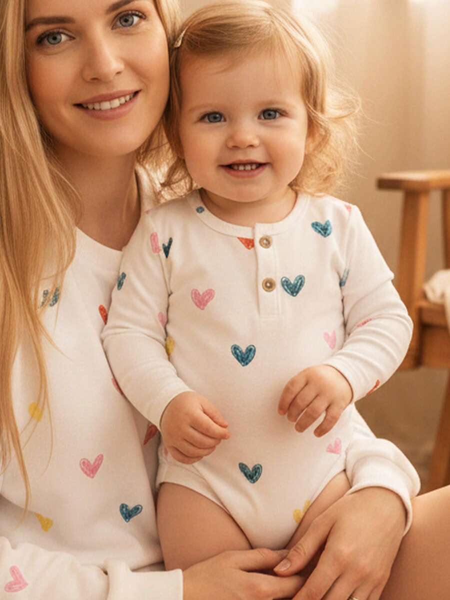 LMoss Kids LMoss Baby Girl Heart Print Button Design Soft Knit Bodysuit, Long Sleeve, Baby Girl Heart Outfit, Baby Girl Long Sleeve Bodysuit, - Multicolor - View 1