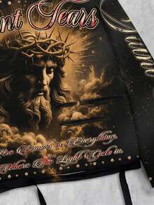 ROMWE MEN Street Life 复古街头风格做旧圣耶稣图案长袖圆领男士T恤，适合秋季穿着 - 黑色 - 查看 4