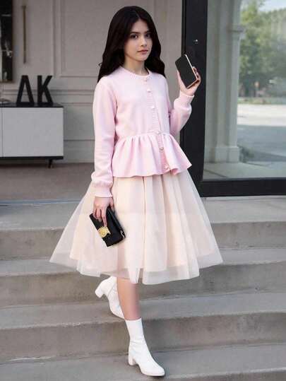 Tween Girls Casual Cute Pink Waist Fitted Knit Cardigan Sweater, Soft & Comfortable, Suitable For Daily, Outdoor, Travel, Vacation, Home, Daycare, Kids Play, Autumn/Winter, Christmas, Back To School, Party, Versatile