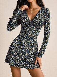 Poéselle 女士碎花系带长袖时尚迷你连衣裙 - 藍色 - 查看 2