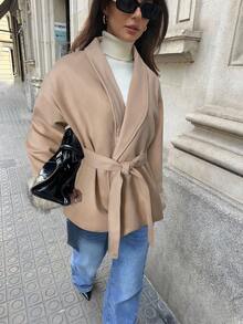 Aloruh 秋冬季时尚毛绒袖口卡其色大衣 - 卡其色 - 查看 4