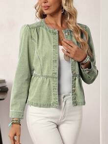 EMERY ROSE 女式休闲牛仔夹克，长袖，单排扣和荷叶边下摆，绿色牛仔夹克，女式绿色春季夹克，女式轻便绿色夹克，女式绿色夹克