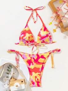 Camo Print Triangle Tie Side Bikini Set, For Summer Beach Vacation - Multicolor - View 4