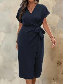 Roveilla 大码V领侧腰系带短袖开衩优雅时尚魅力连衣裙长款女装