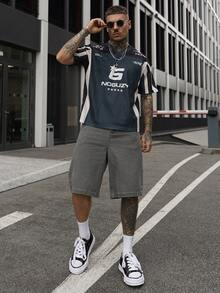 Artur Kramer 男士休闲牛仔5英寸刺绣印花短裤，夏季时尚 - 灰色 - 查看 5