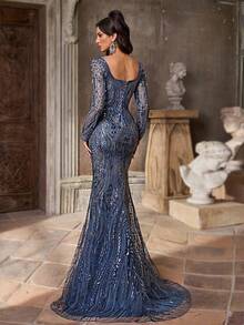 Aureia 优雅奢华串珠亮片透视长袖方领网眼拼布手工撞色串珠缀饰鱼尾下摆可调节领带正式礼服，适合派对、婚礼、庆典 - 霧霾藍 - 查看 4