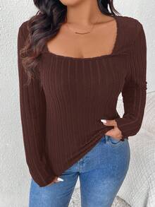 SHEIN Frenchy Plus Size Casual Ribbed Crew Neck Fitted T-Shirt/Winter - Brown - View 4