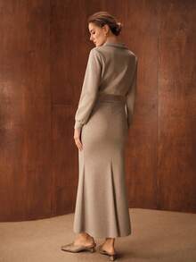 MOTF PREMIUM 罗纹长袖上衣和鱼尾裙 - 卡其色 - 查看 3