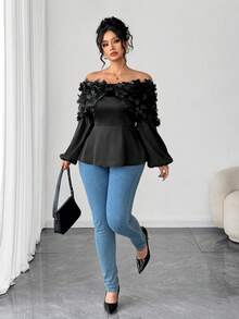 Elenzga Abito lungo con maniche lunghe, scollo a spalle scoperte, balze sul fondo, in jacquard floreale, elegante, adatto per la scuola, appuntamenti e uscite in autunno/inverno, taglie comode - nero - Visualizzare 6