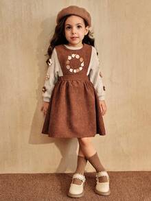 SHEIN Bộ 2 váy tay dài cổ tròn thêu hoa dễ thương cho bé gái, mùa thu đông - Nhiều màu - Xem 7