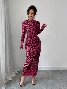 Elenzga Váy ôm body lưới co giãn họa tiết da báo thanh lịch dành cho nữ - Màu đỏ tím - Xem 3