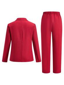 SHEIN 2件套青少年男童绅士风修身休闲西装外套及裤子,含领带,绅士套装,派对礼品,返校服装 - 酒紅色 - 查看 4