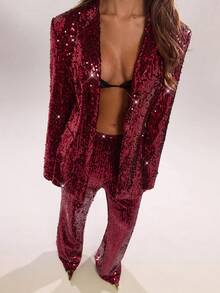 SHEIN BAE 女士纯色亮片喇叭裤，适合派对场合 - 酒紅色 - 查看 6