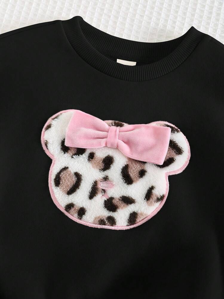 Cozy Pixies Baby Girl Bowknot & Leopard Bear Graphic Round Neck Long Sleeve Pullover Pullover Sweatshirt, Casual Sports Outerwear, Versatile Leopard Toddler Top Girl Baby Girl Clothes Long Sleeve Baby Girl Clothes Spring Fall Baby Girls Sweatshirts Animal Print Clothes Toddler - Black - View 7