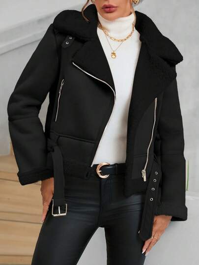 Aveloria Modichic Chaqueta de aviador de piel sintética con forro de borreguito, con cremallera y forro de peluche
