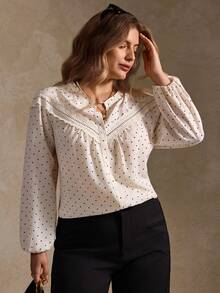 Elegantrix Áo sơ mi chấm bi ren họa tiết cỡ lớn dành cho nữ, thường ngày/công sở, thu/đông - Nhiều màu - Xem 8