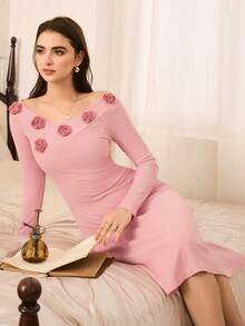 Vestaglia elegante e comoda Moireta in tessuto lavorato a maglia con motivo floreale, adatta per il loungewear, per l'autunno e l'inverno - Rosa - Visualizzare 3